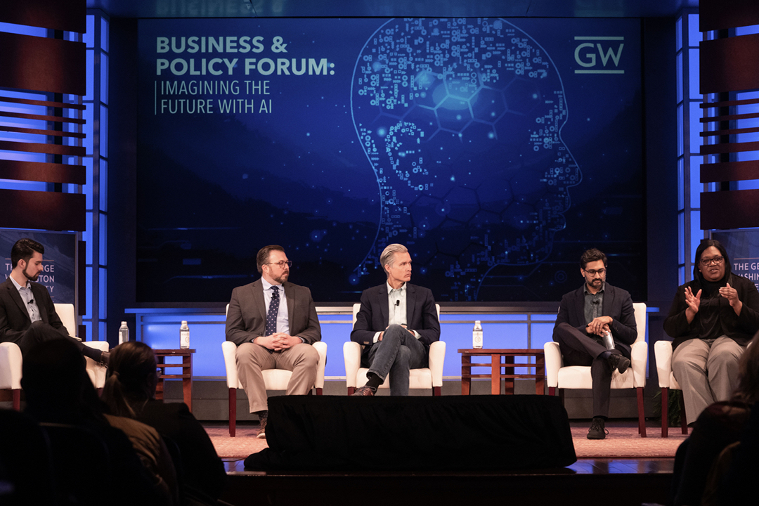 Corporate executives, government workers and policy makers gathered for the GW Business &amp; Policy Forum, titled “Imagining the Future with A.I.” Organized by GW’s School of Business, guest speakers included leaders from Google, IBM, and SAIC, among others.
