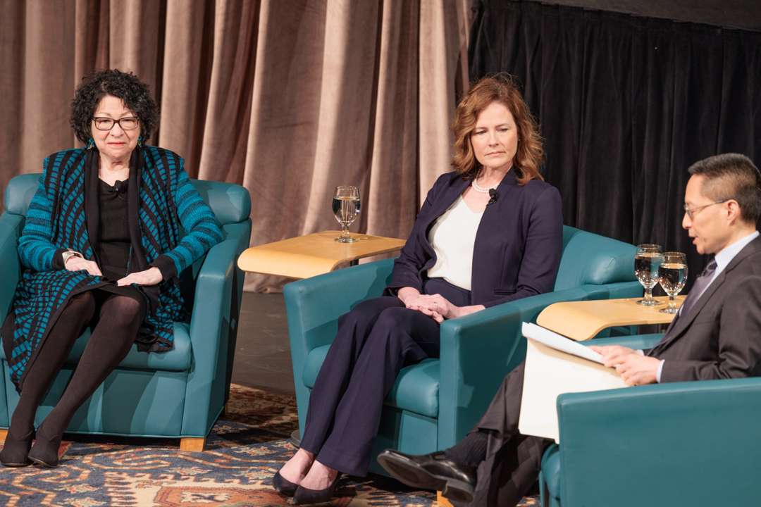 U.S. Supreme Court Justices Sonia Sotomayor and Amy Coney Barrett discussed whether the Supreme Court offered citizens a model for civic engagement during a conversation at GW’s Dorothy Betts Marvin Theatre. The event kicked off Civic Learning Week.