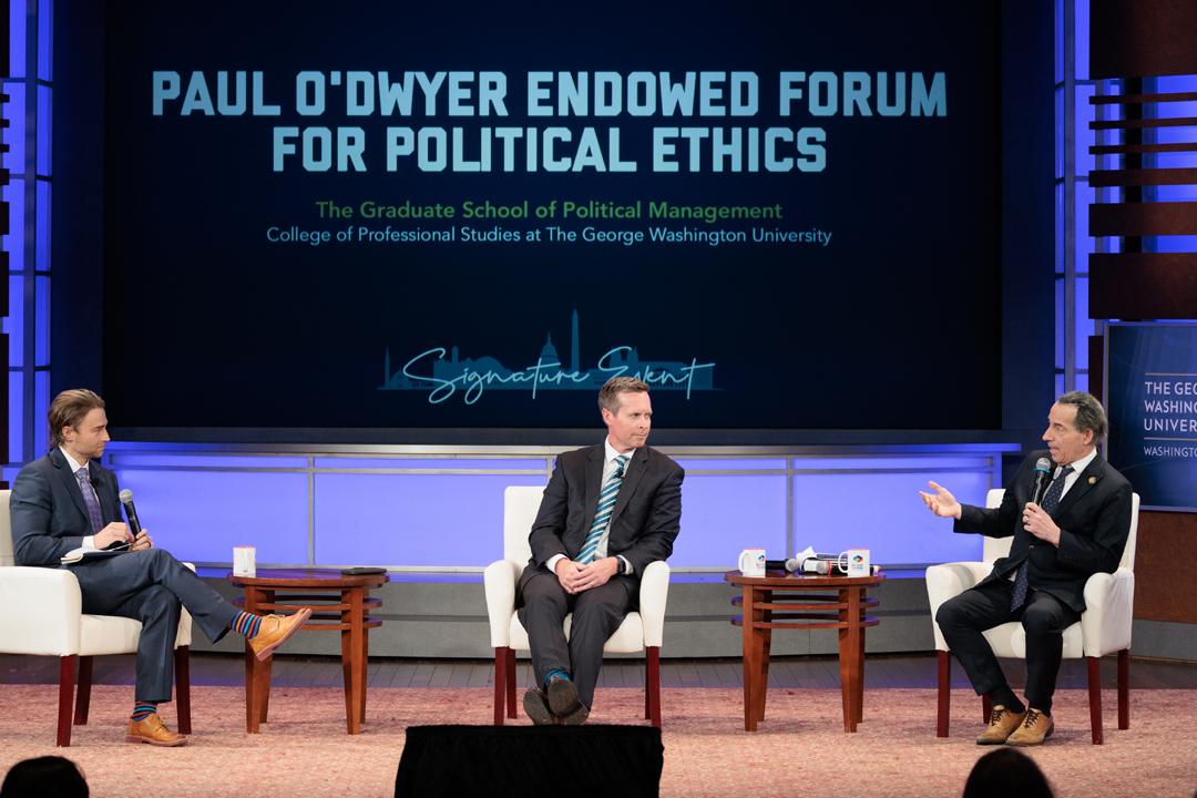 Organized by GW’s Graduate School of Political Management, the 2024 Paul O’Dwyer Endowed Forum for Political Ethics hosted former U.S. Rep. Rodney Davis, R.-Ill., and U.S. Rep. Jamie Raskin, D-Md., for a discussion on presidential impeachment.
