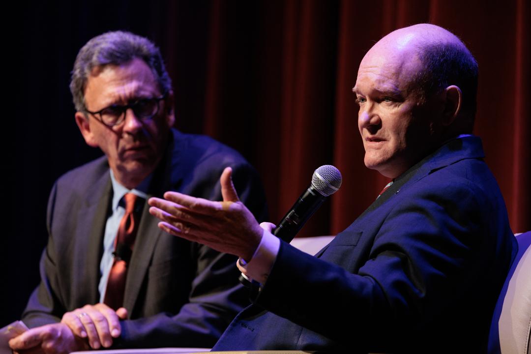 U.S. Sen. Chris Coons, D-DE, joined GW’s Frank Sesno on stage for an event celebrating GW’s new Alliance for a Sustainable Future at GW. Coons and Sesno discussed creative ways GW faculty and students are combating the effects of climate change.